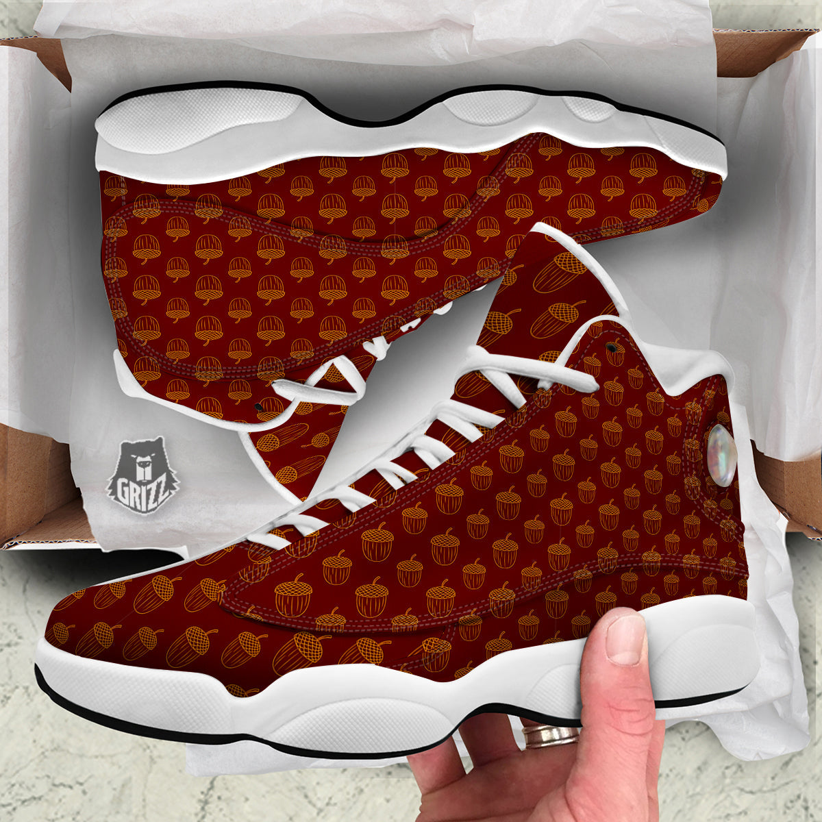 Brown Acorn Print Pattern White Basketball Shoes-grizzshop