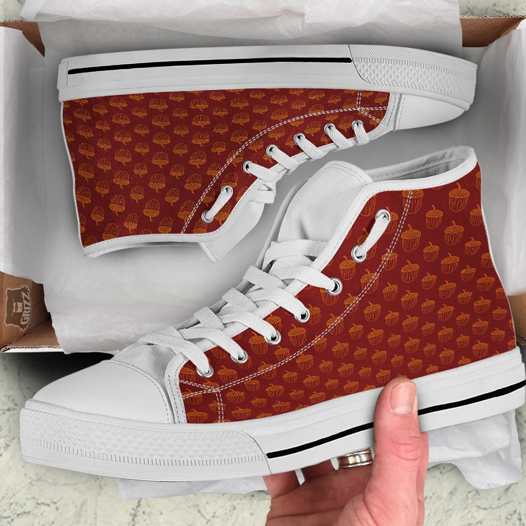 Brown Acorn Print Pattern White High Top Shoes-grizzshop