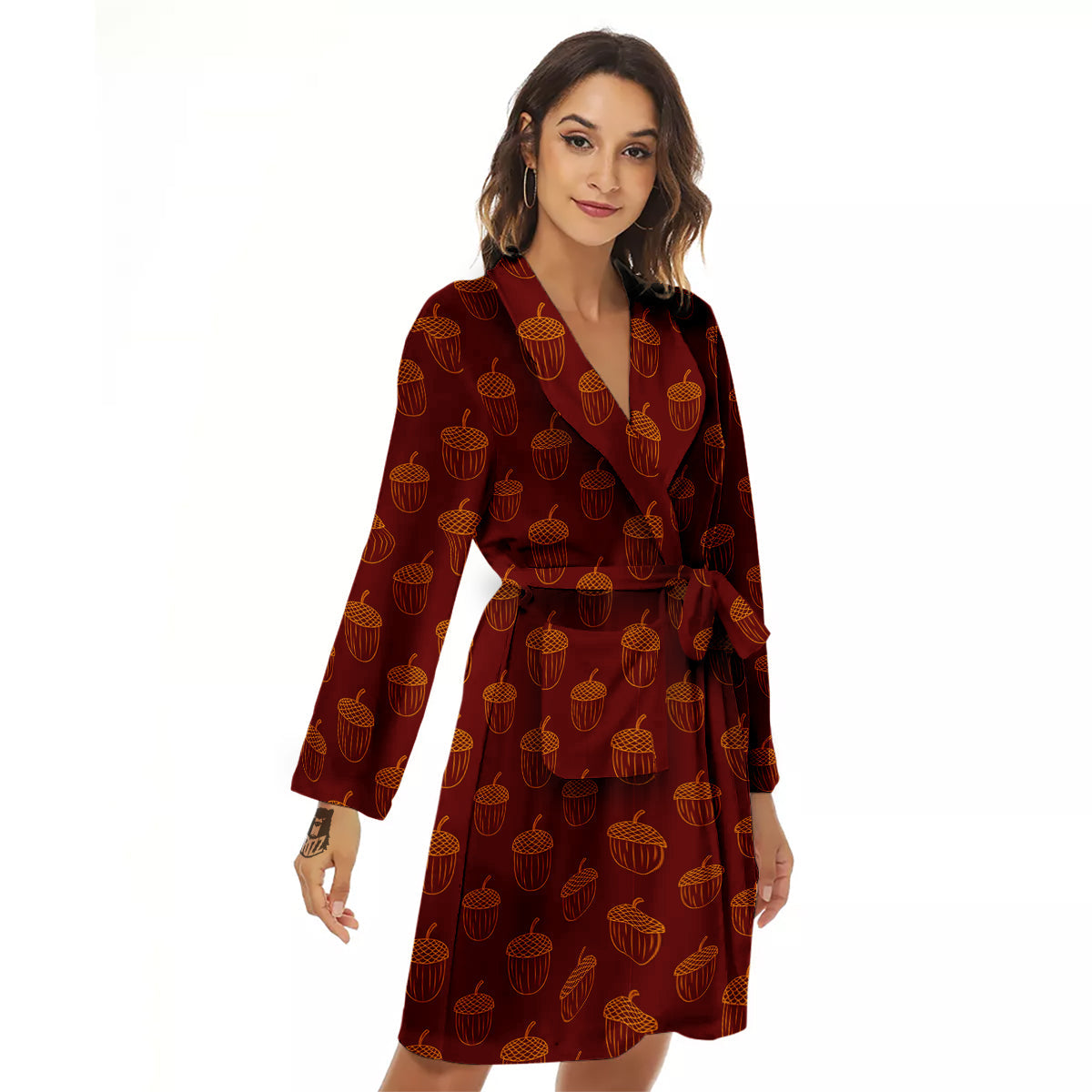 Brown Acorn Print Pattern Women's Robe-grizzshop