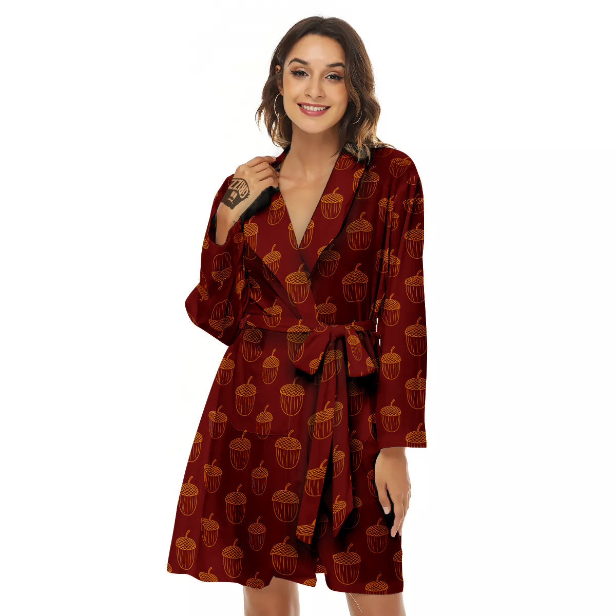 Brown Acorn Print Pattern Women's Robe-grizzshop