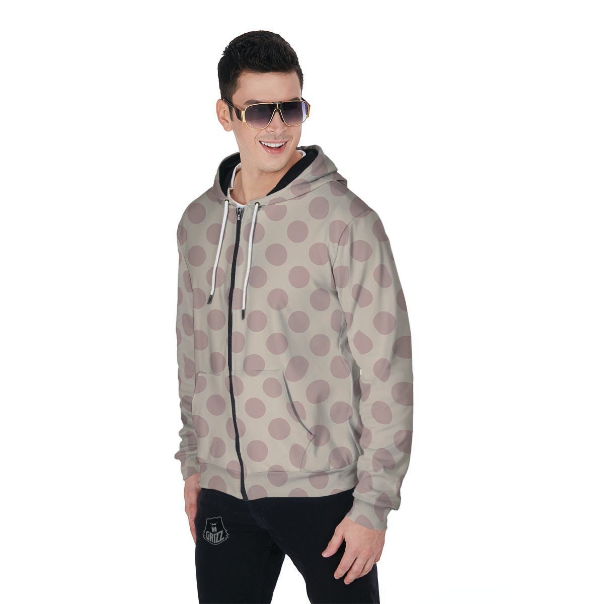 Brown And Cream Polka Dot Men's Zip Up Hoodie-grizzshop