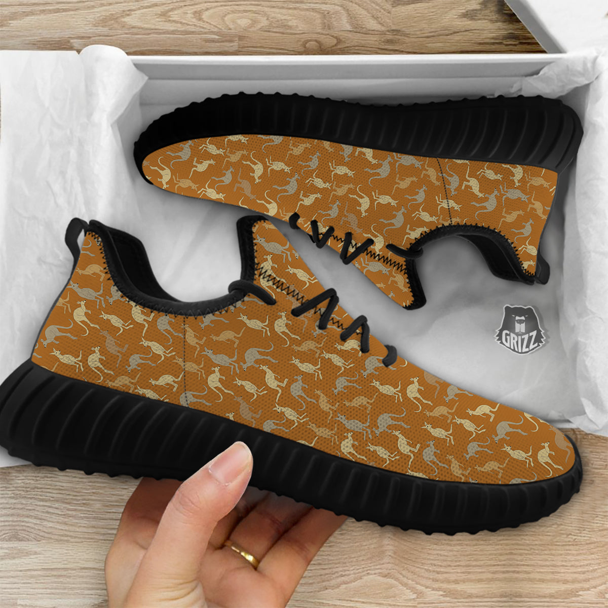 Brown And Grey Kangaroo Print Pattern Black Walking Shoes-grizzshop