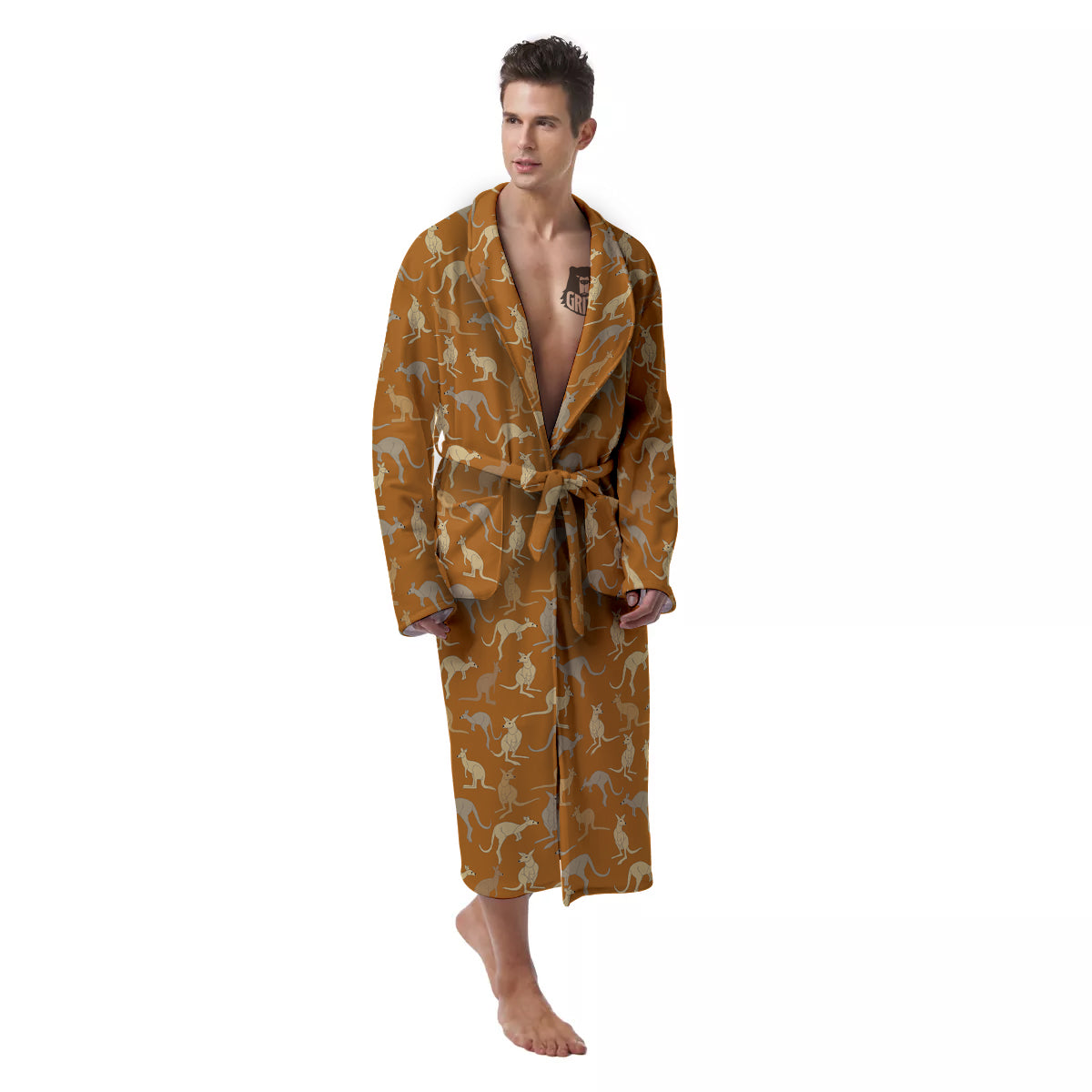 Brown And Grey Kangaroo Print Pattern Men's Robe-grizzshop