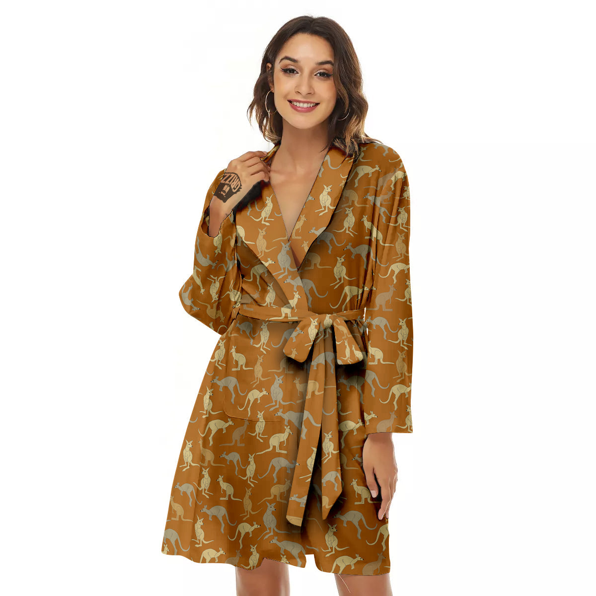 Brown And Grey Kangaroo Print Pattern Women's Robe-grizzshop