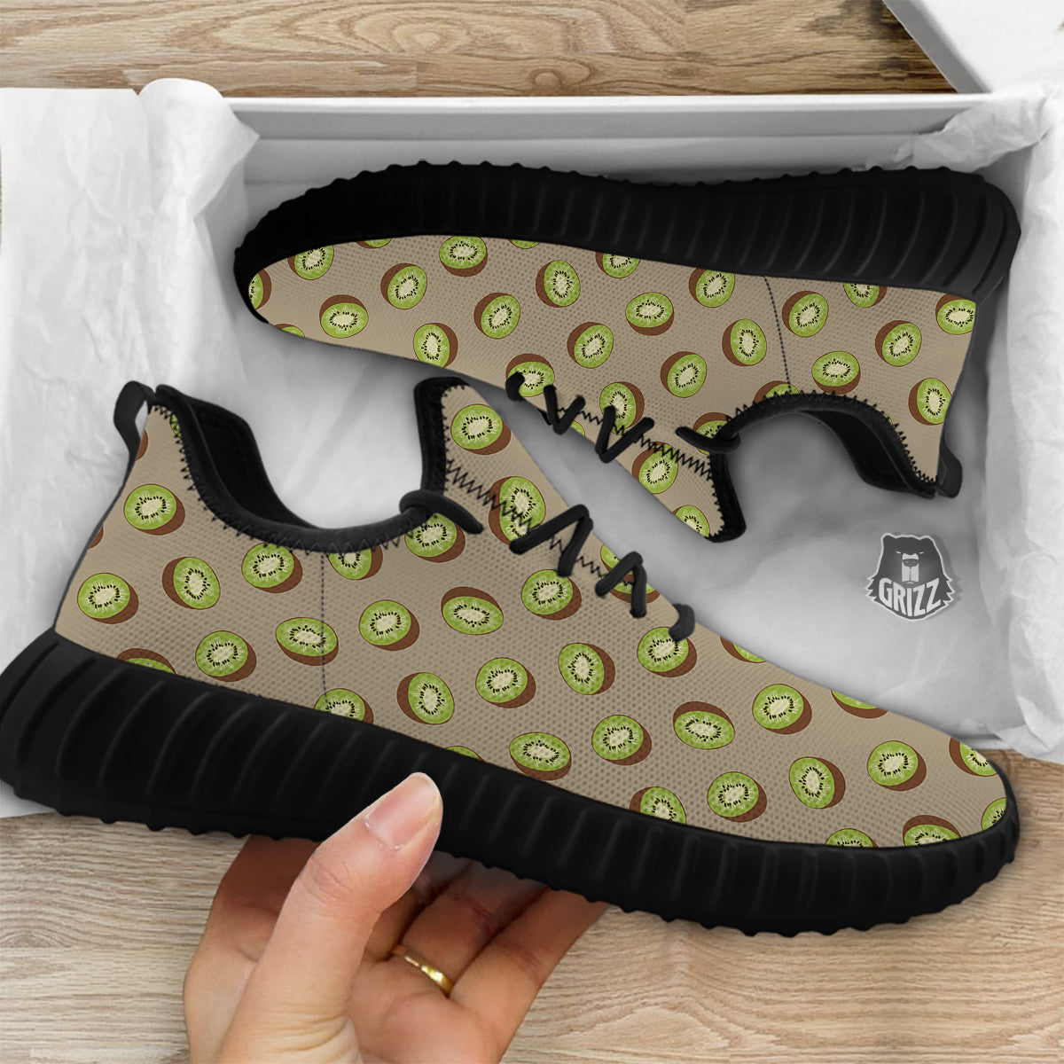 Brown And Kiwi Print Pattern Black Walking Shoes-grizzshop