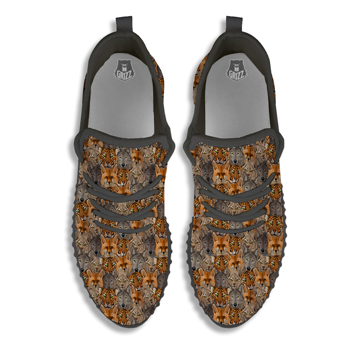 Brown And Orange Wild Animals Print Pattern Black Walking Shoes-grizzshop