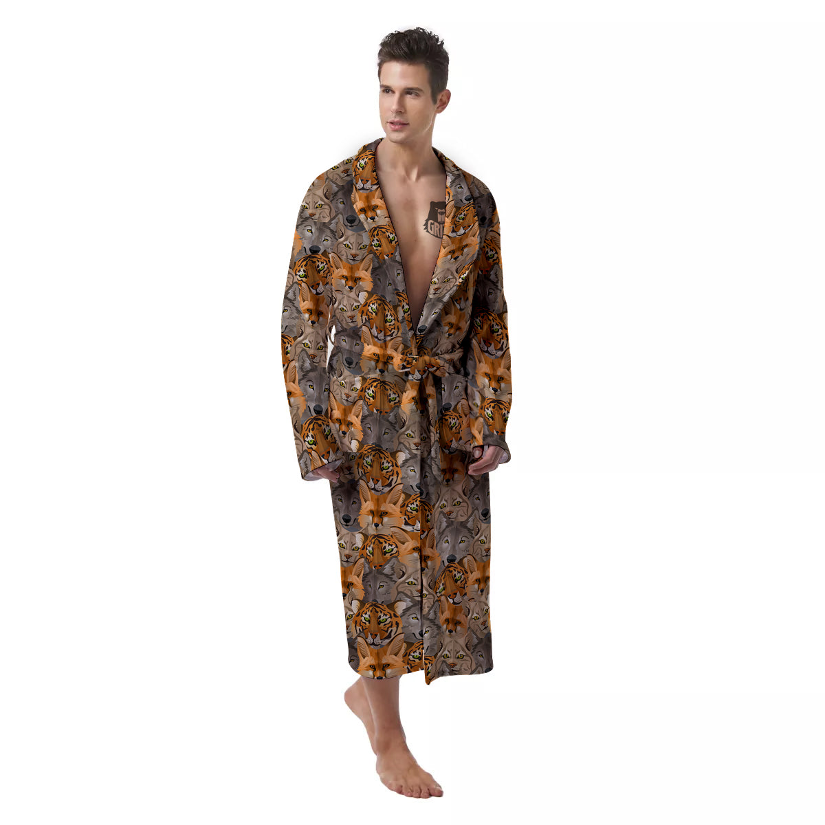 Brown And Orange Wild Animals Print Pattern Men's Robe-grizzshop
