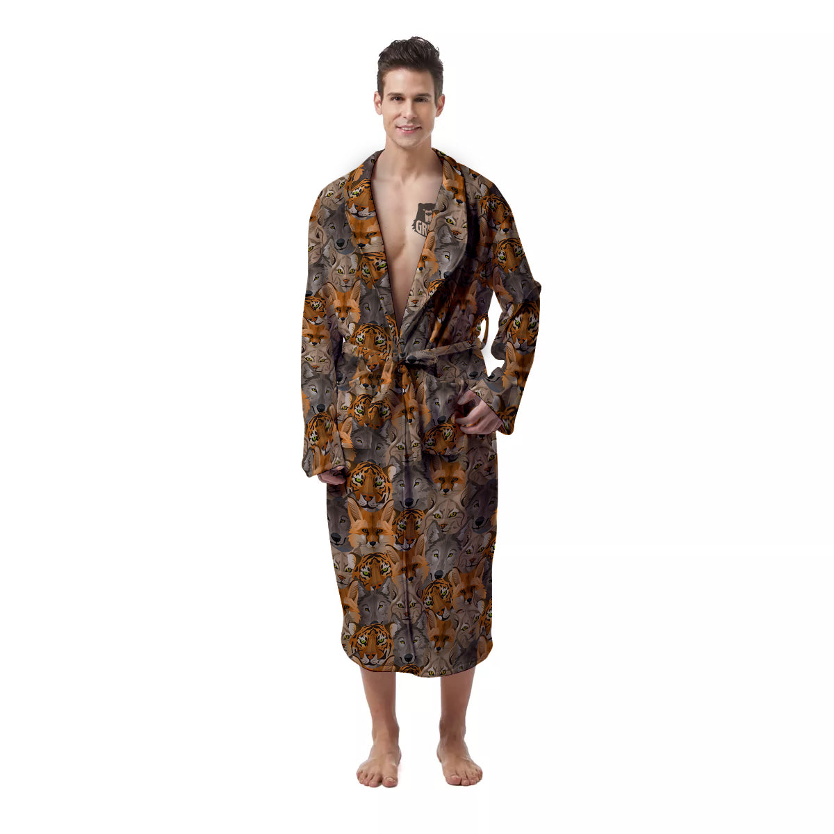 Brown And Orange Wild Animals Print Pattern Men's Robe-grizzshop