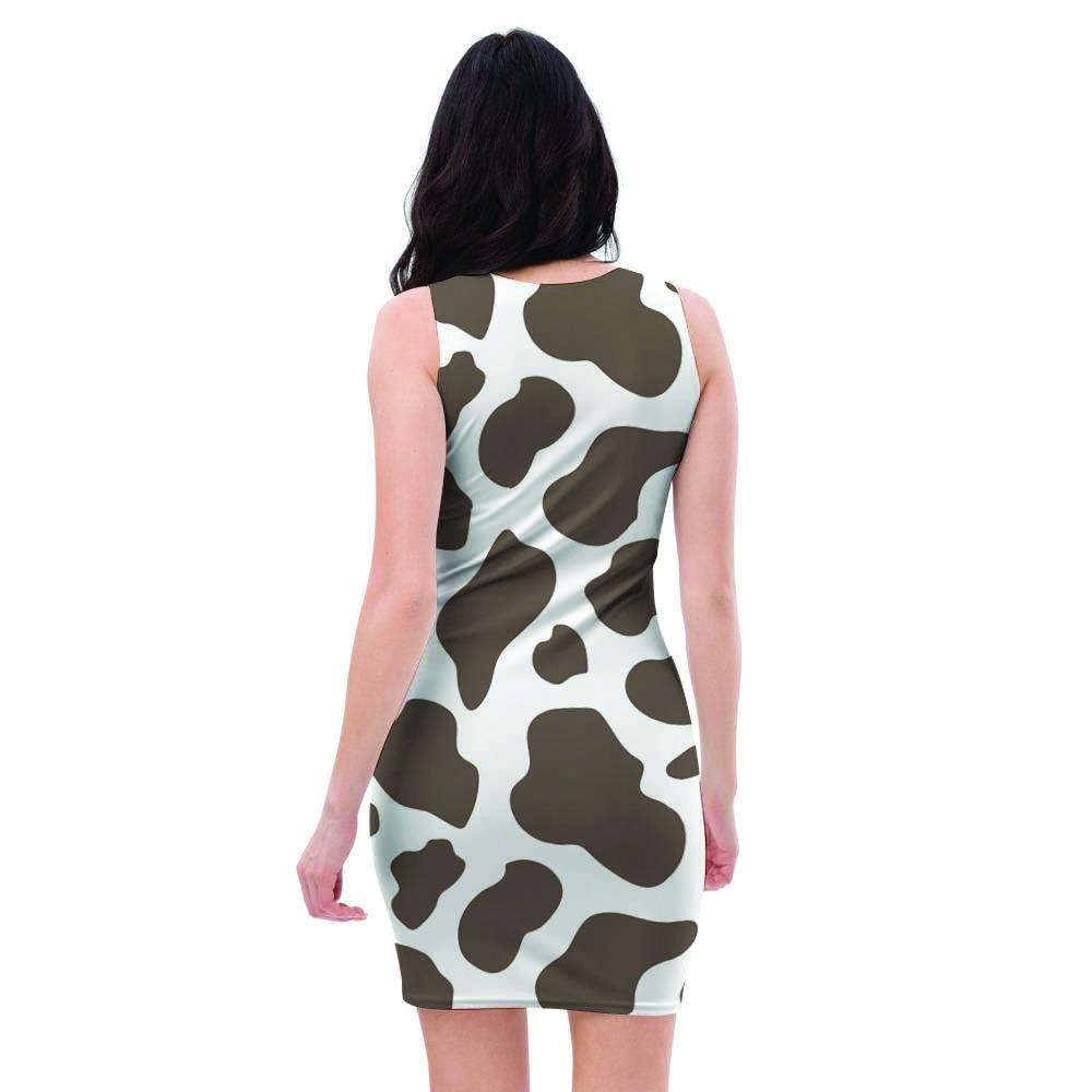 Brown And White Cow Print Bodycon Dress-grizzshop