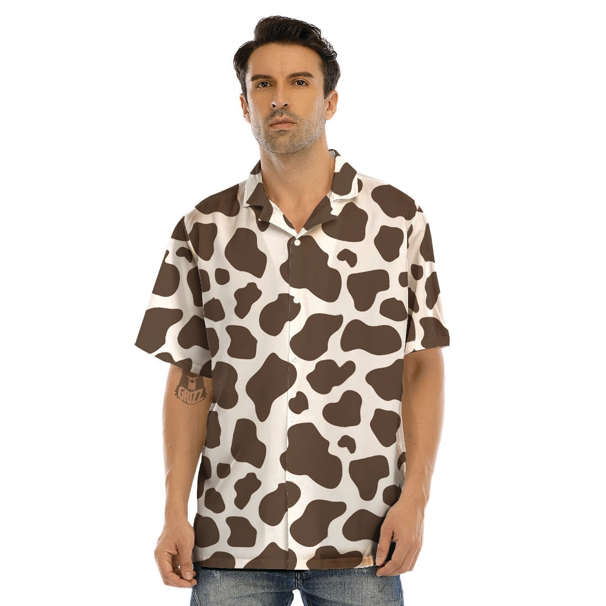 Brown And White Cow Print Men’s Hawaiian Shirt-grizzshop