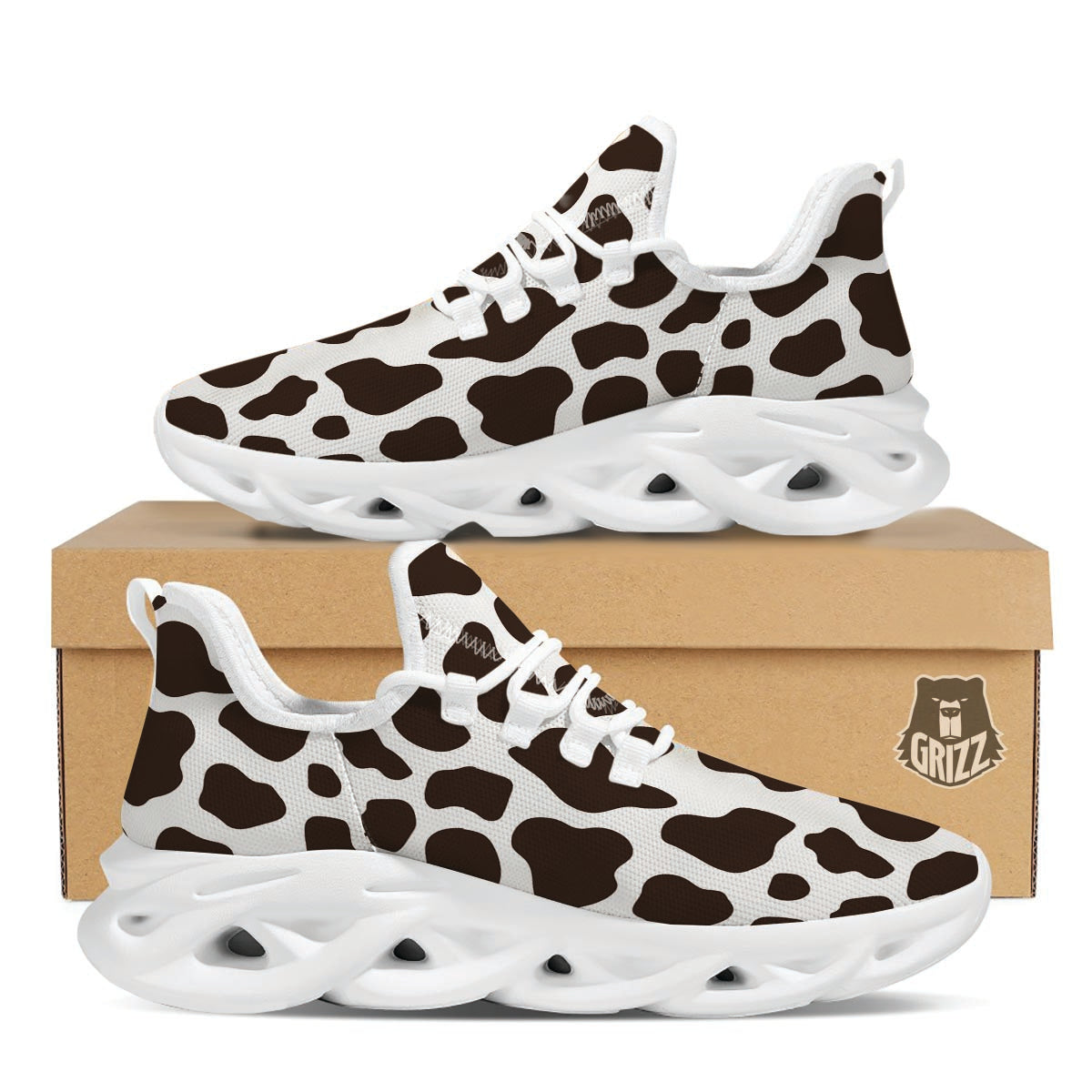 Brown And White Cow Print White Running Shoes-grizzshop