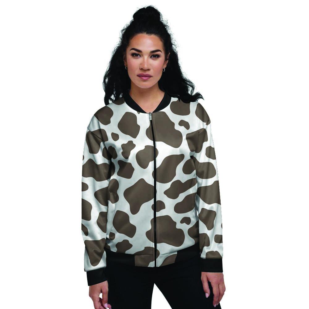 Brown And White Cow Print Women's Bomber Jacket-grizzshop