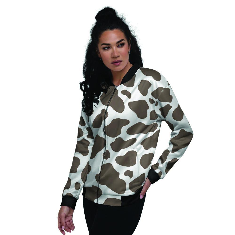 Brown And White Cow Print Women's Bomber Jacket-grizzshop