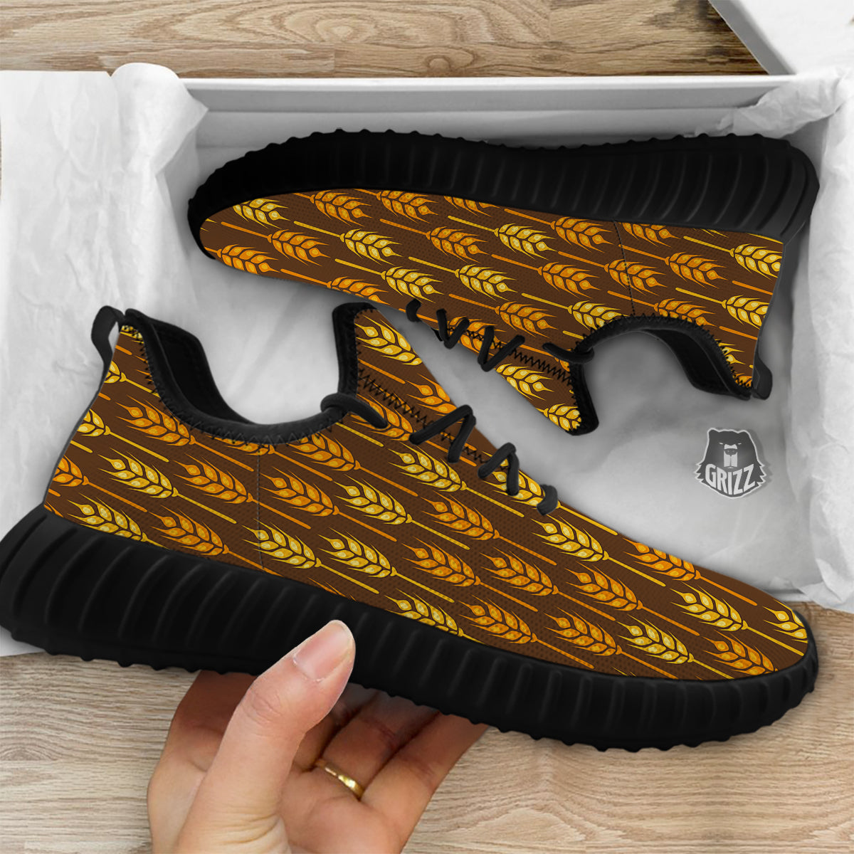 Brown And Yellow Wheat Print Pattern Black Walking Shoes-grizzshop