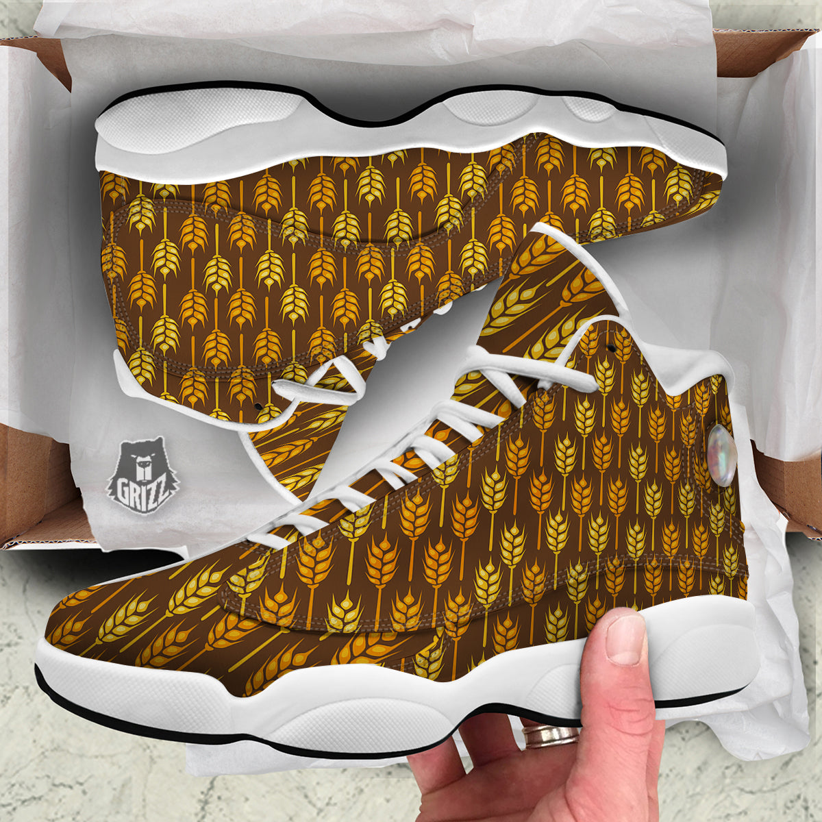 Brown And Yellow Wheat Print Pattern White Basketball Shoes-grizzshop