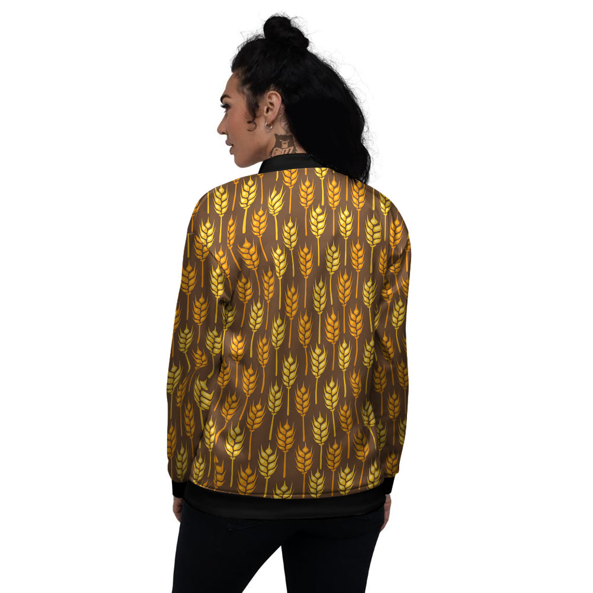 Brown And Yellow Wheat Print Pattern Women's Bomber Jacket-grizzshop