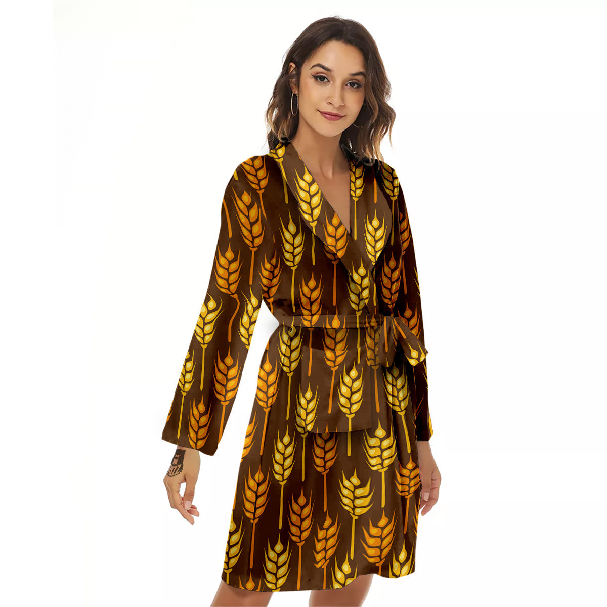 Brown And Yellow Wheat Print Pattern Women's Robe-grizzshop