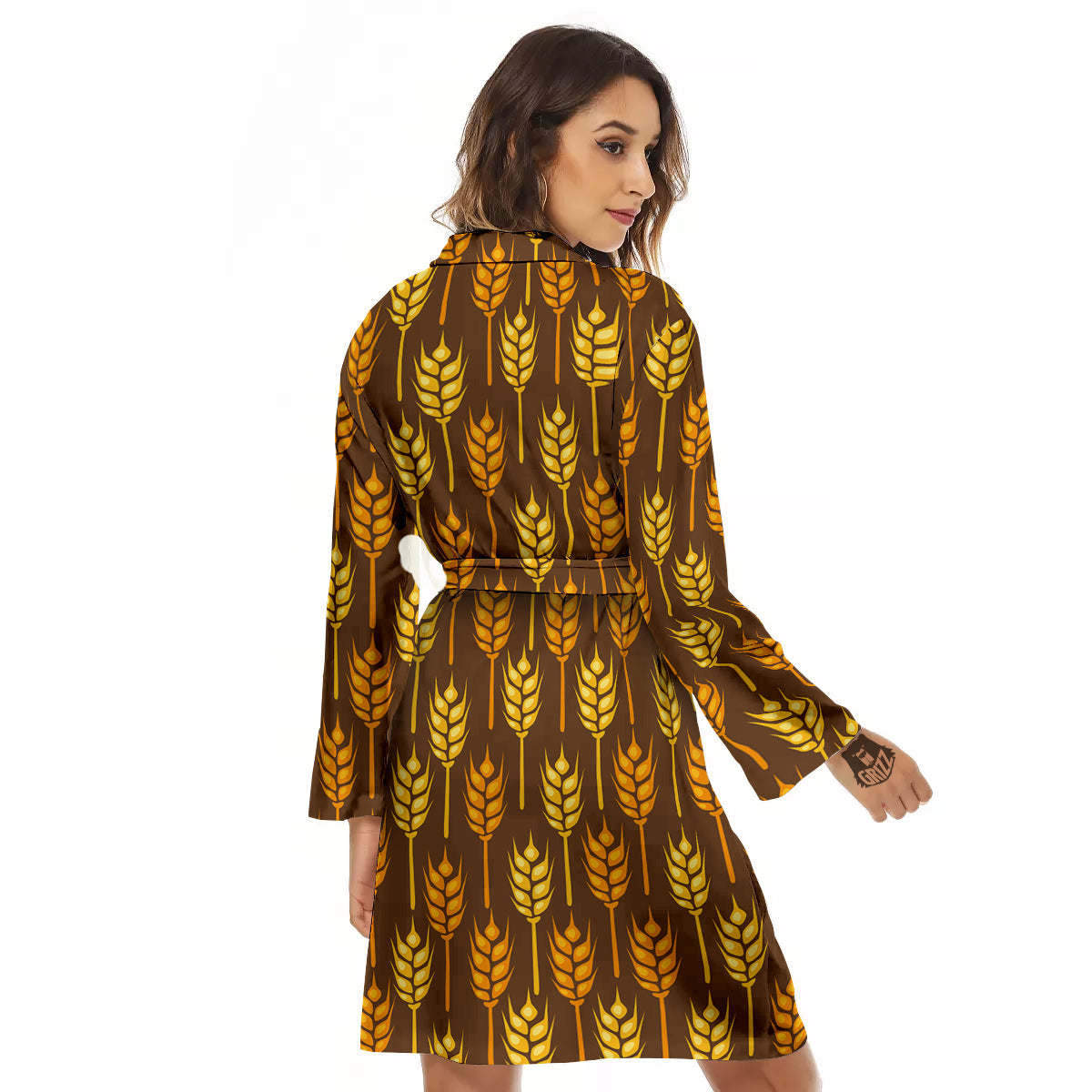 Brown And Yellow Wheat Print Pattern Women's Robe-grizzshop