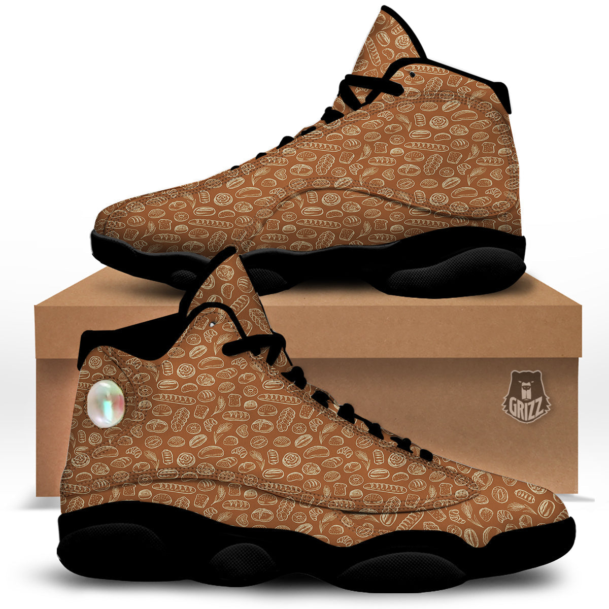 Brown Bakery Beige Print Pattern Black Basketball Shoes-grizzshop