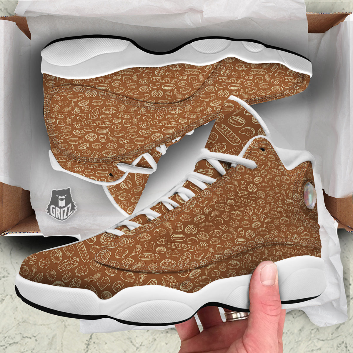 Brown Bakery Beige Print Pattern White Basketball Shoes-grizzshop