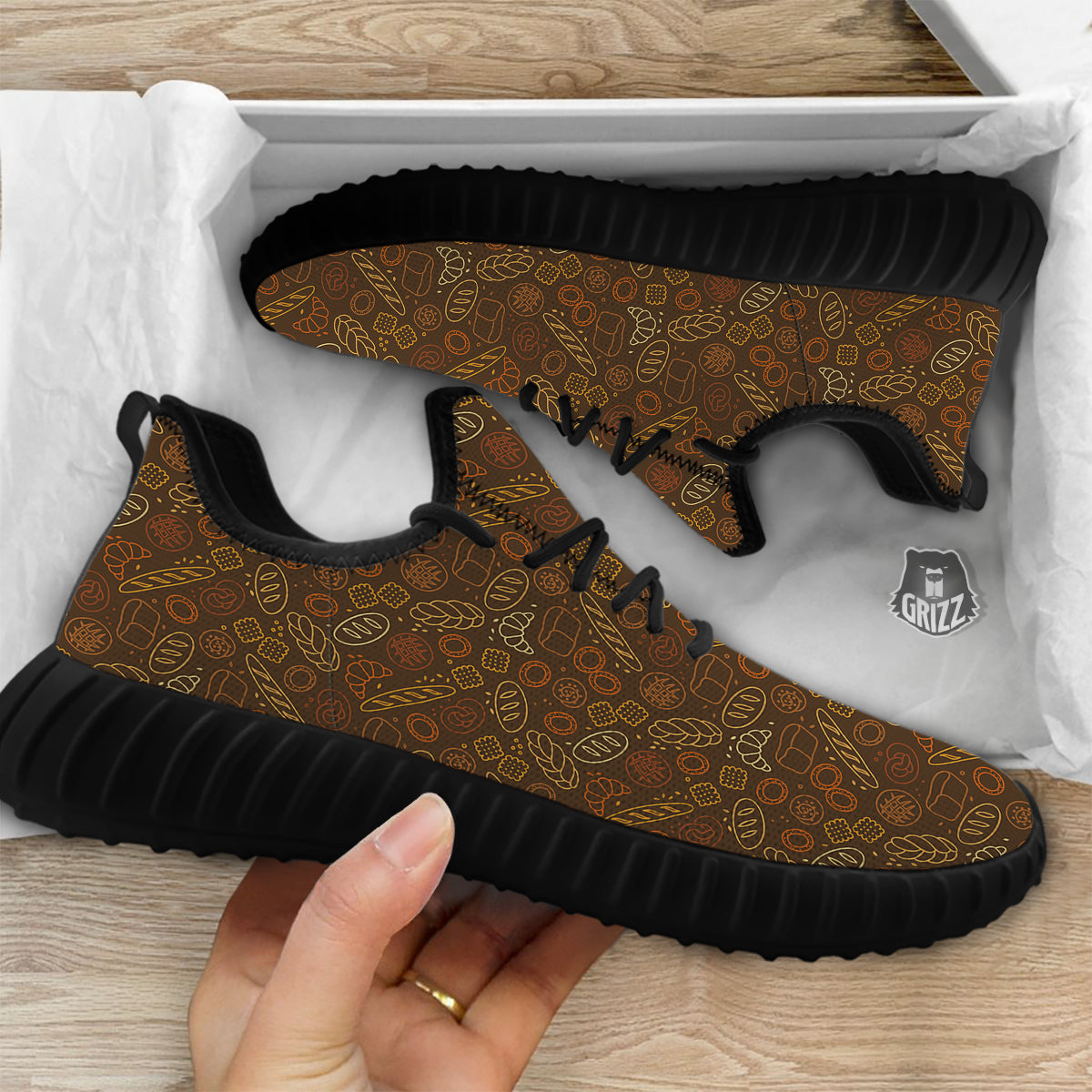 Brown Bakery Print Pattern Black Walking Shoes-grizzshop