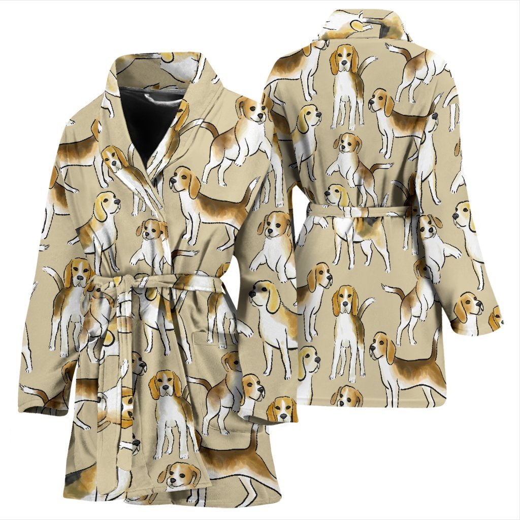 Brown Beagle Paw Pattern Print Women Long Robe-grizzshop