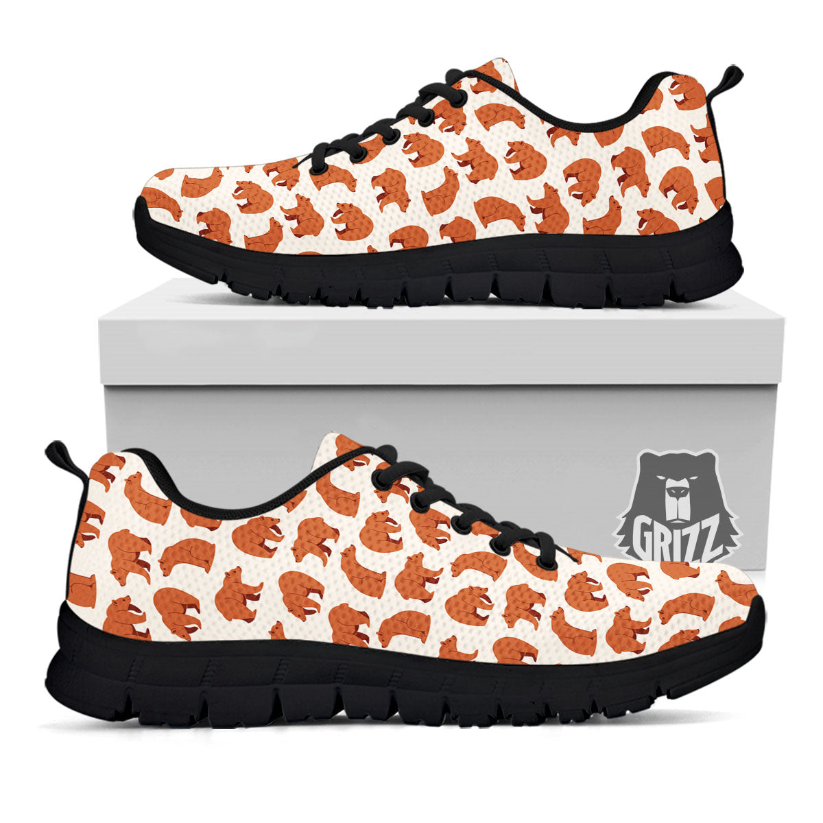 Brown Bear Cute Print Pattern Black Sneaker-grizzshop