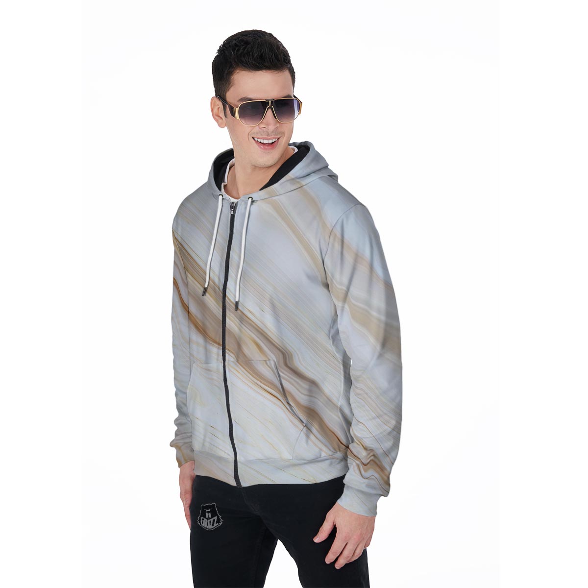 Brown Beige Marble Men's Zip Up Hoodie-grizzshop