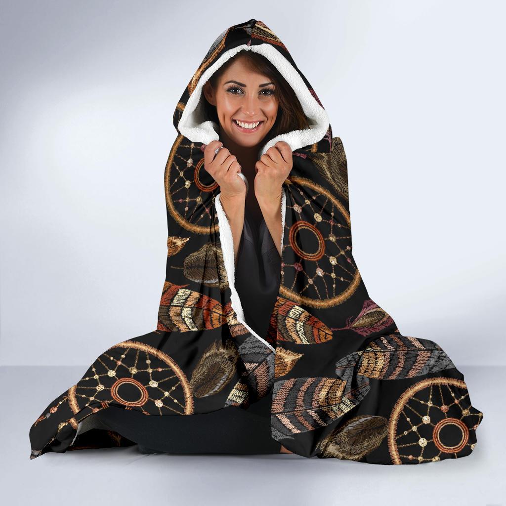 Brown Boho Peacock Dream Catcher Feather Hooded Blanket-grizzshop