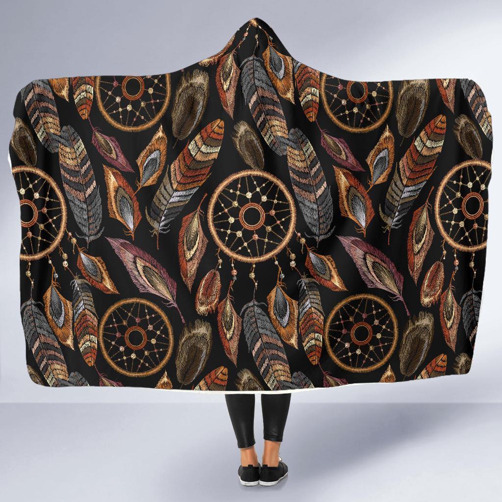 Brown Boho Peacock Dream Catcher Feather Hooded Blanket-grizzshop