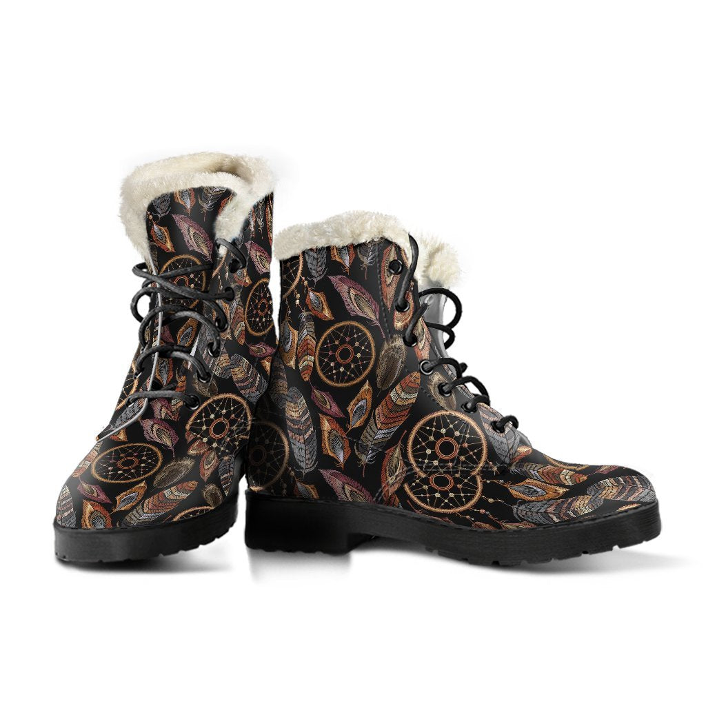Brown Boho Peacock Dream Catcher Feather Pattern Print Comfy Winter Boots-grizzshop