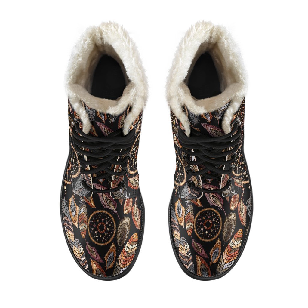 Brown Boho Peacock Dream Catcher Feather Pattern Print Comfy Winter Boots-grizzshop