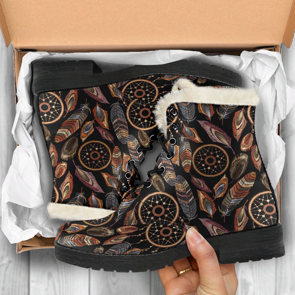 Brown Boho Peacock Dream Catcher Feather Pattern Print Comfy Winter Boots-grizzshop