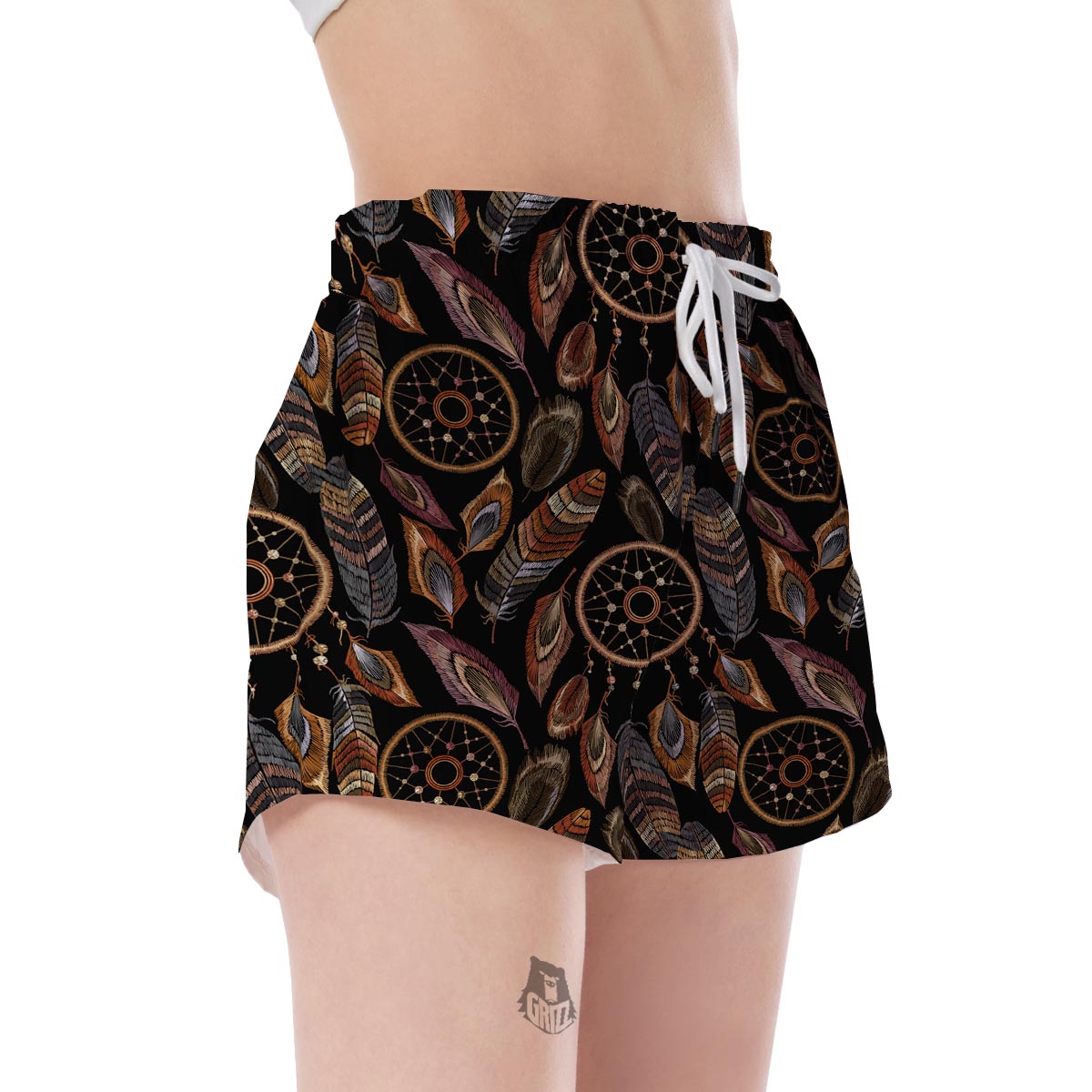 Brown Boho Peacock Dream Catcher Feather Women's Shorts-grizzshop