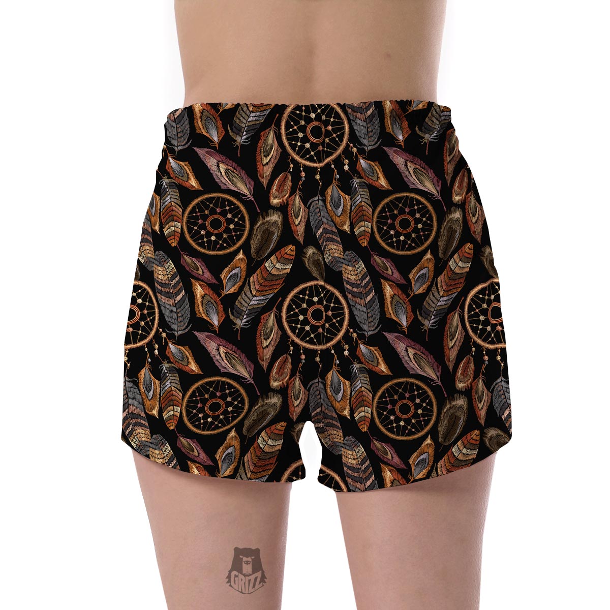 Brown Boho Peacock Dream Catcher Feather Women's Shorts-grizzshop