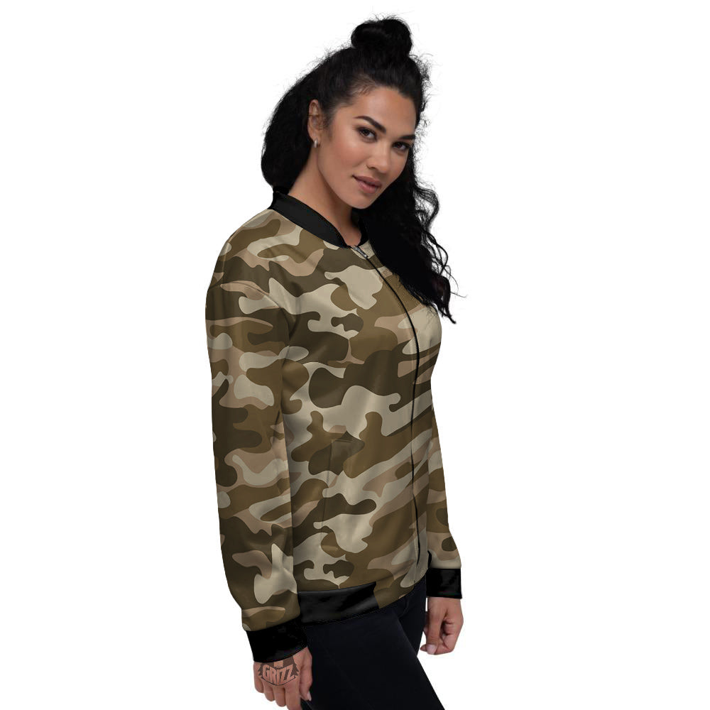 Brown Camo And Camouflage Print Women's Bomber Jacket-grizzshop