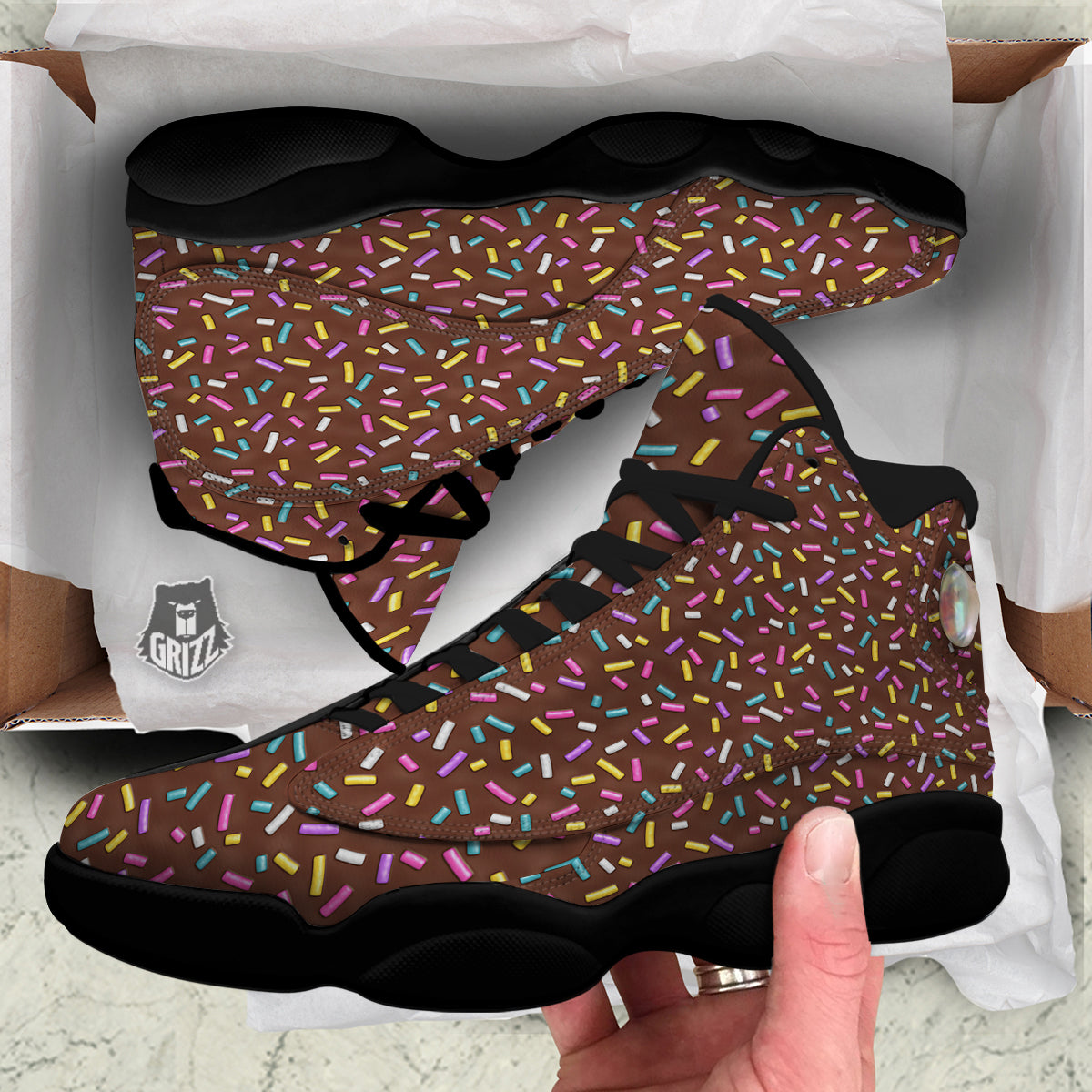 Brown Candy Sprinkles Sweet Print Pattern Black Basketball Shoes-grizzshop