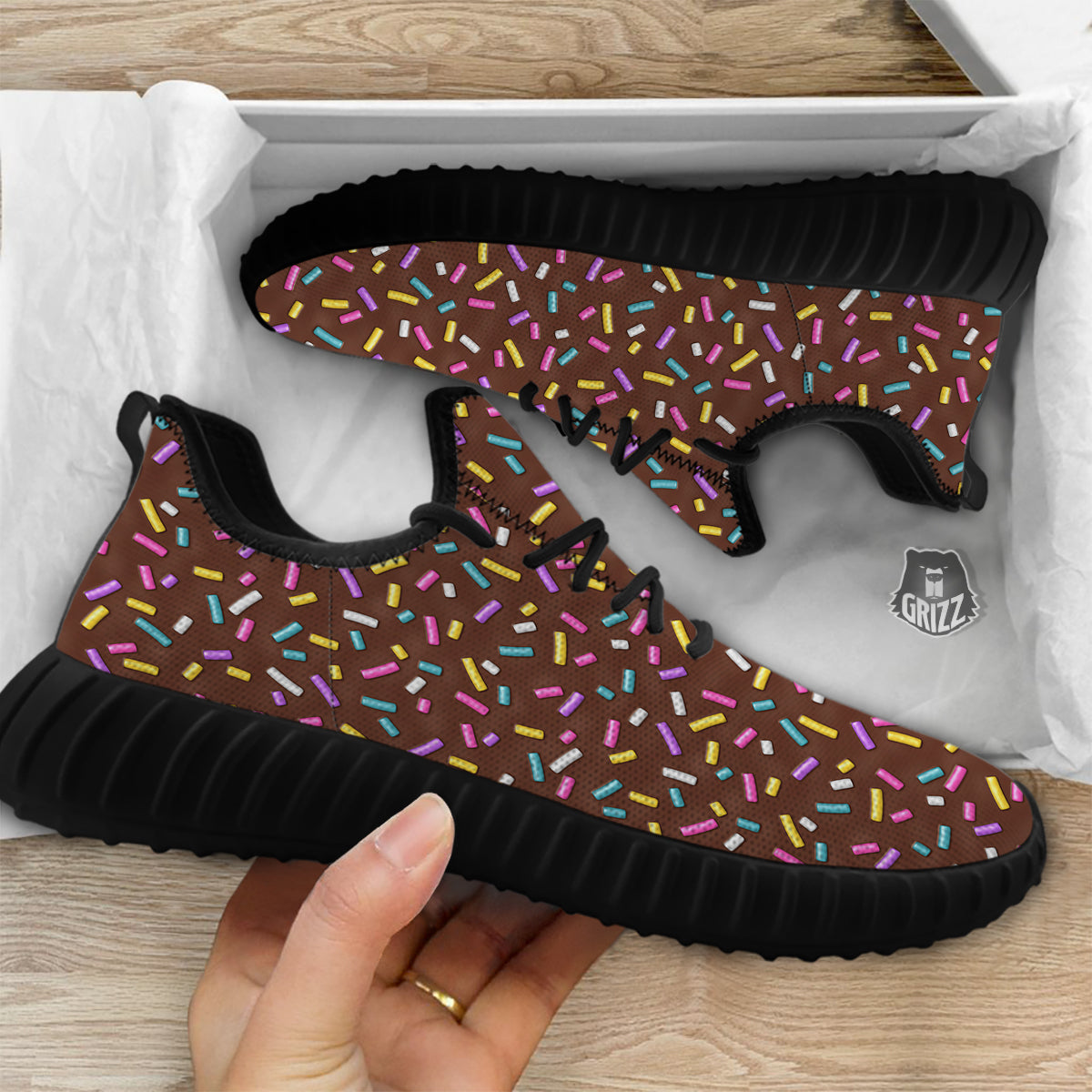 Brown Candy Sprinkles Sweet Print Pattern Black Walking Shoes-grizzshop