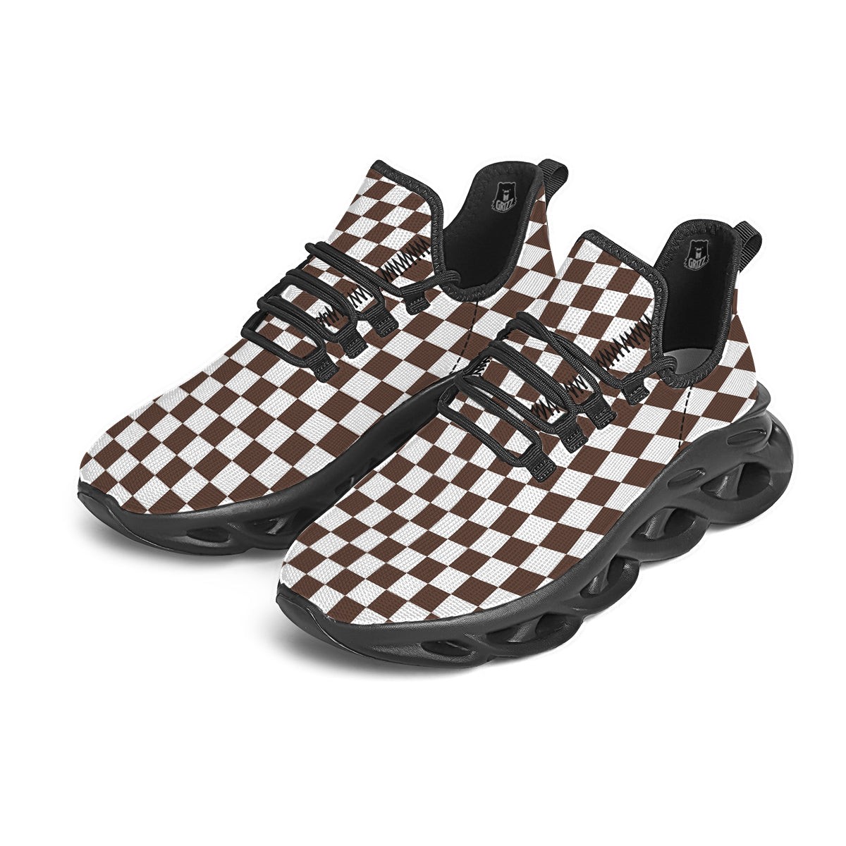 Brown Checkered Flag Print Black Running Shoes-grizzshop