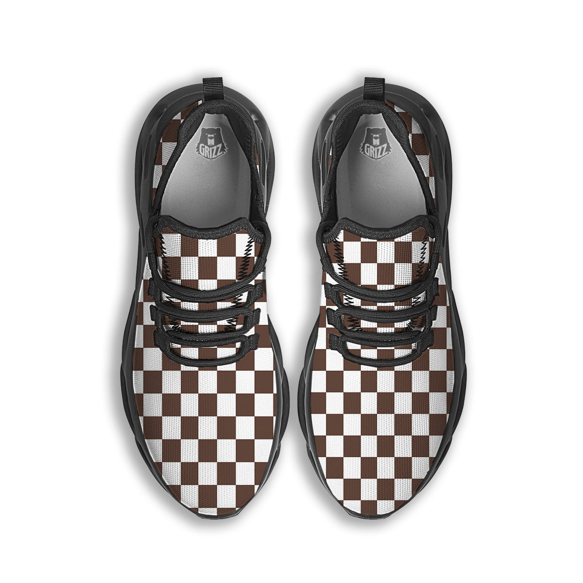 Brown Checkered Flag Print Black Running Shoes-grizzshop