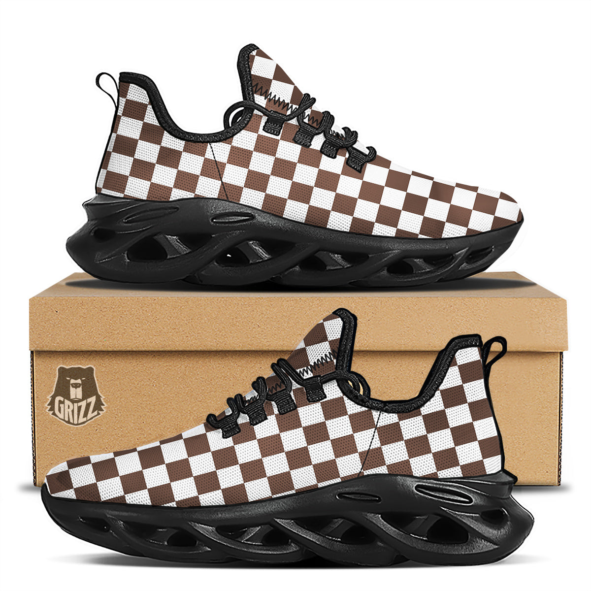 Brown Checkered Flag Print Black Running Shoes-grizzshop