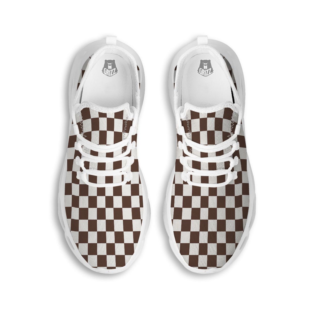 Brown Checkered Flag Print White Running Shoes-grizzshop