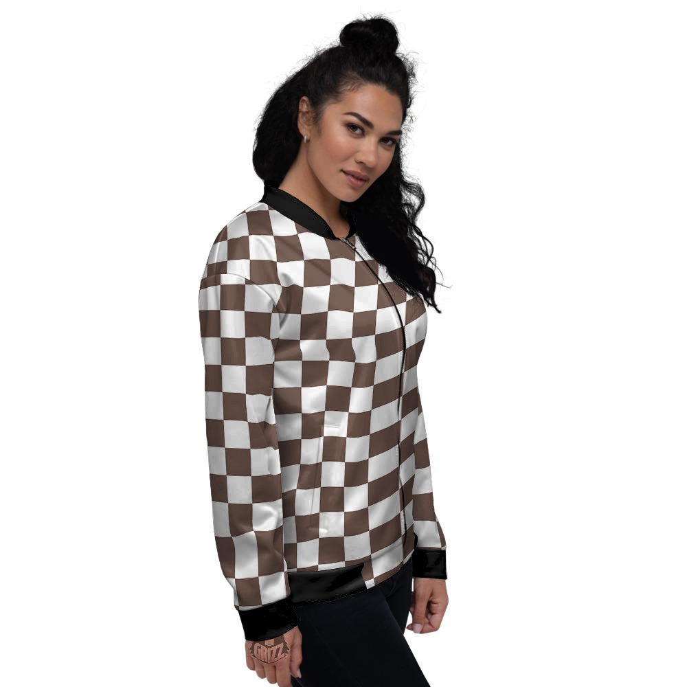 Brown Checkered Flag Print Women's Bomber Jacket-grizzshop