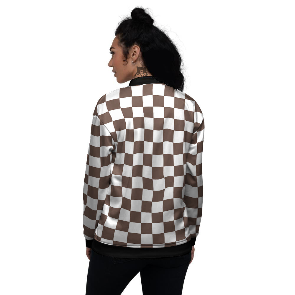 Brown Checkered Flag Print Women's Bomber Jacket-grizzshop
