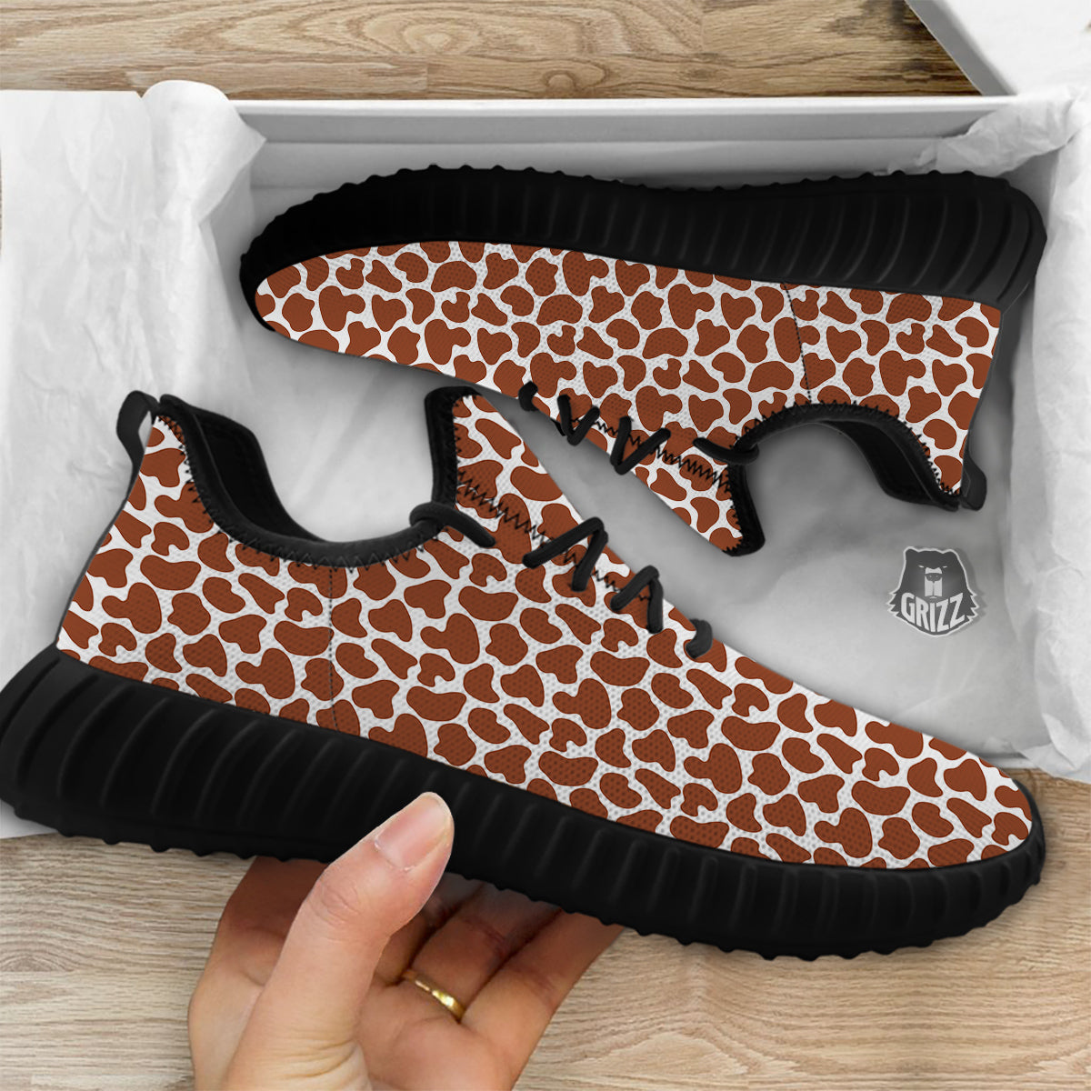 Brown Chocolate And White Cow Print Black Walking Shoes-grizzshop