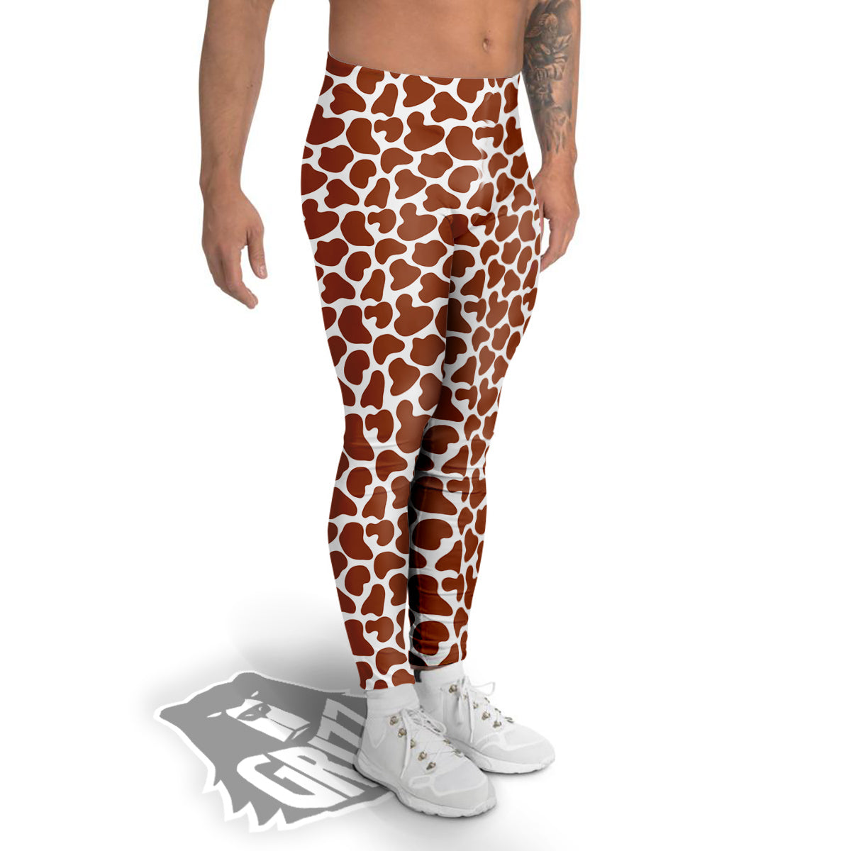 Brown Chocolate And White Cow Print Men's Leggings-grizzshop