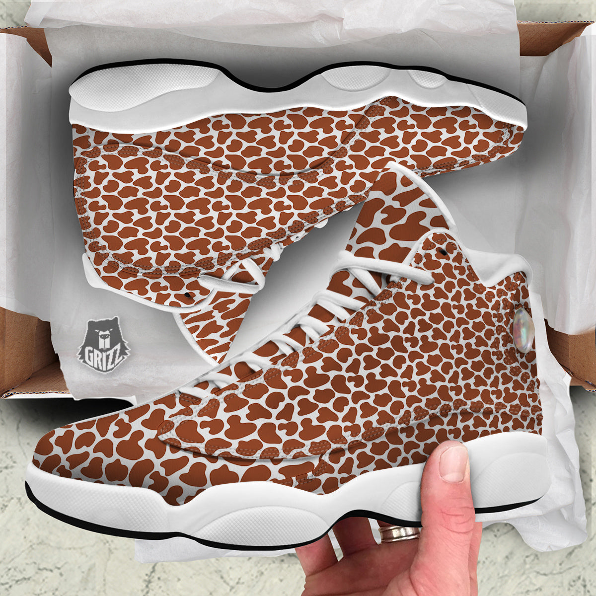 Brown Chocolate And White Cow Print White Basketball Shoes-grizzshop