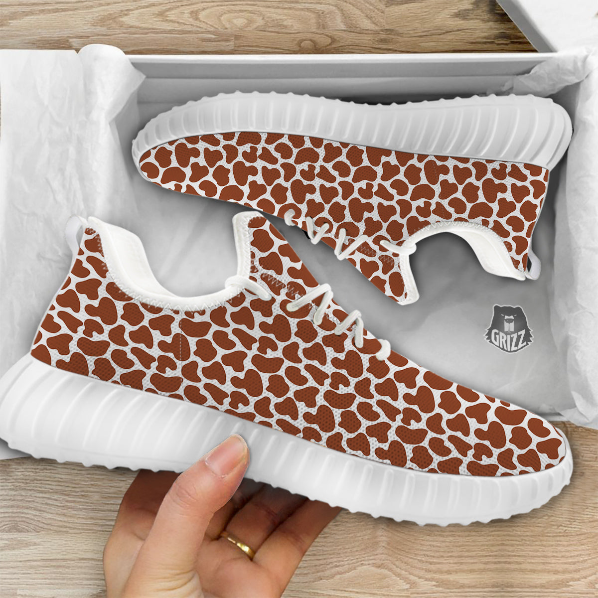 Brown Chocolate And White Cow Print White Walking Shoes-grizzshop