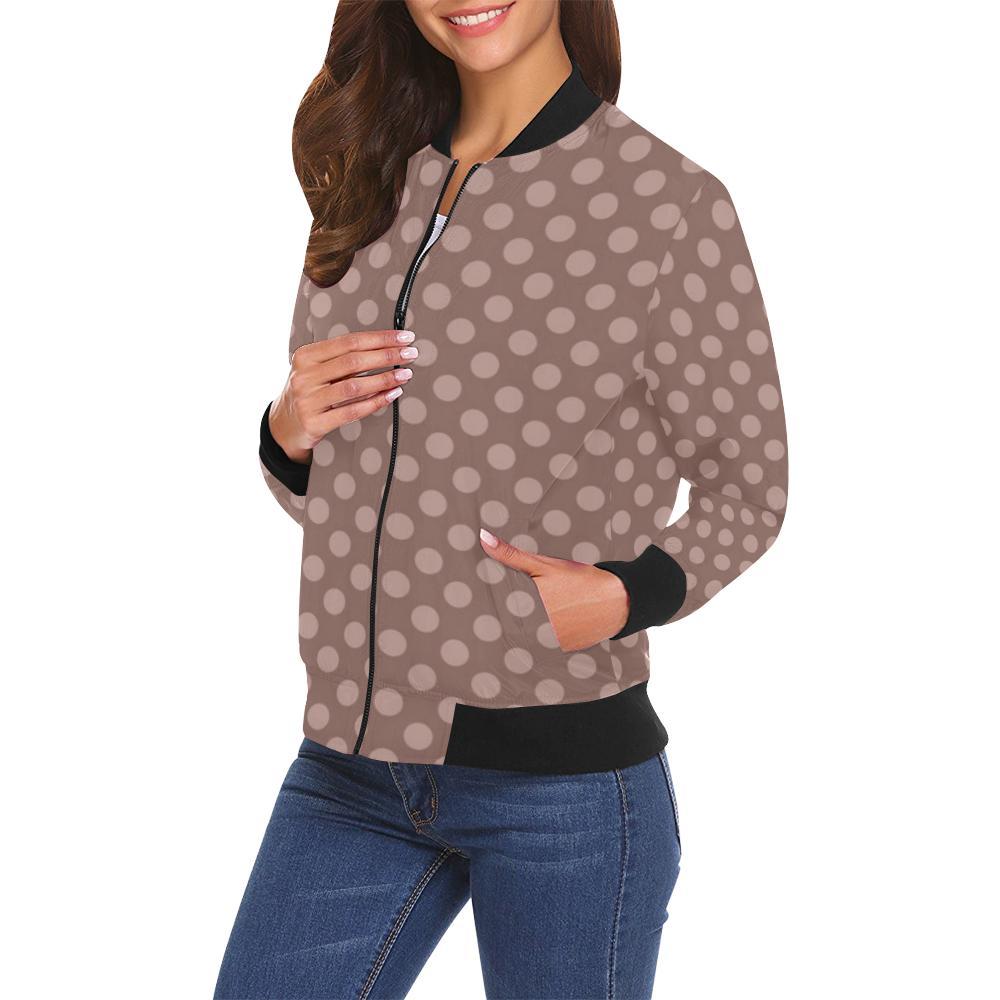 Brown Chocolate Polka dot Pattern Print Women Casual Bomber Jacket-grizzshop