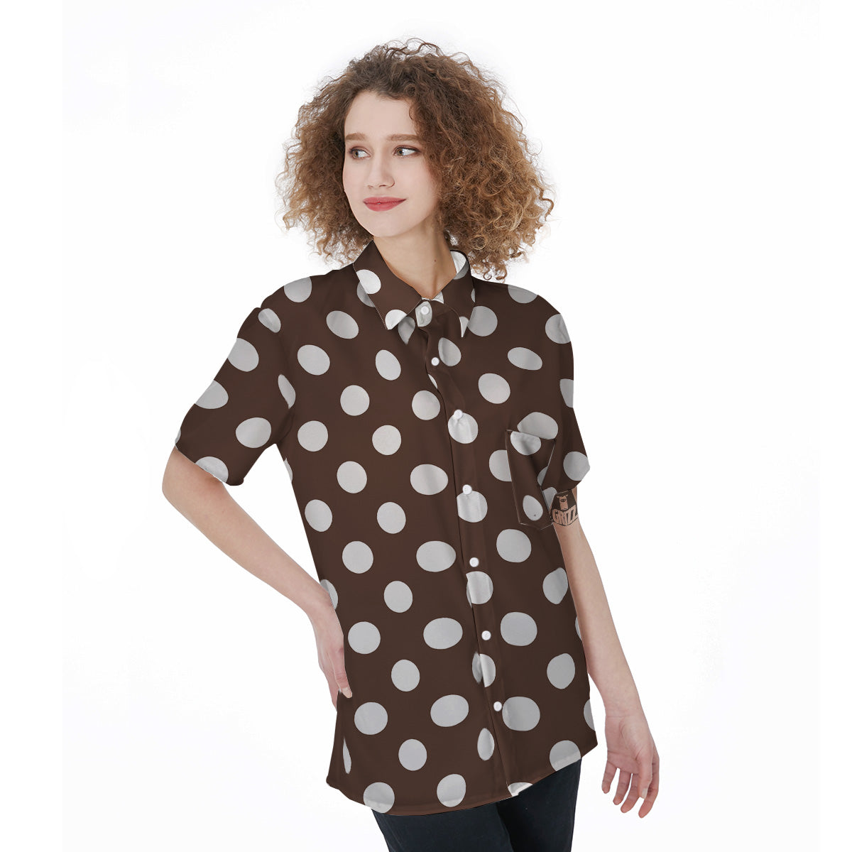 Brown Color Polka Dot Print Pattern Women's Short Sleeve Shirts-grizzshop